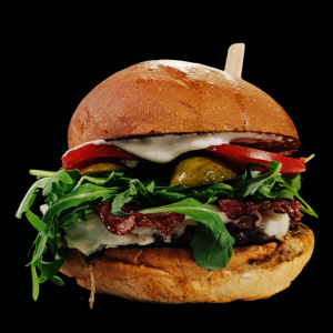 Monterey Jack burger + zemiakové lyžičky + dressing